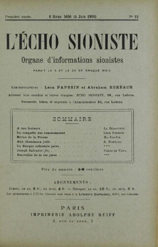 L'Echo Sioniste. Vol. 1 n° 19 (5 juin 1900)